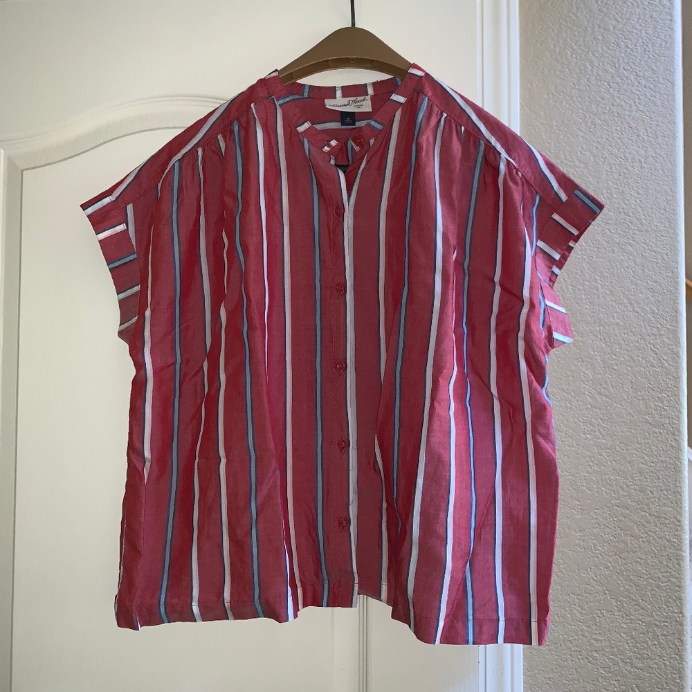 Red, White, and Blue Striped Button-Up Shirt